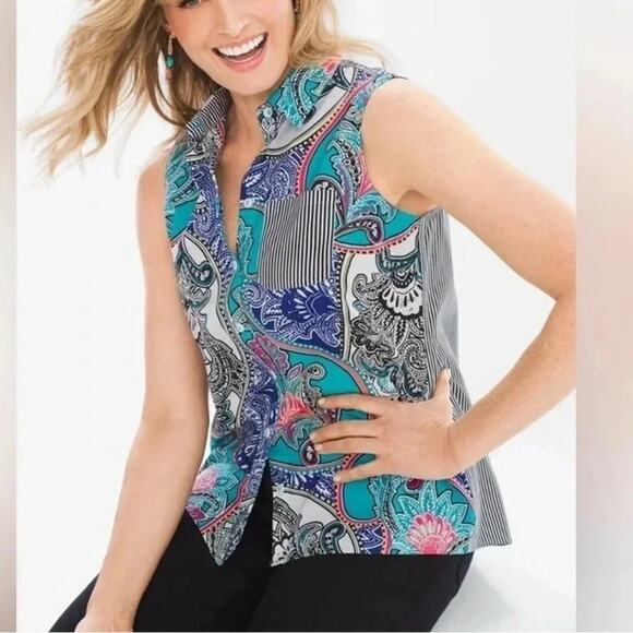 Chico's No-Iron Sleeveless Paisley and Stripes Button-Back Shirt Size 2.5 (L 14) - Picture 1 of 12